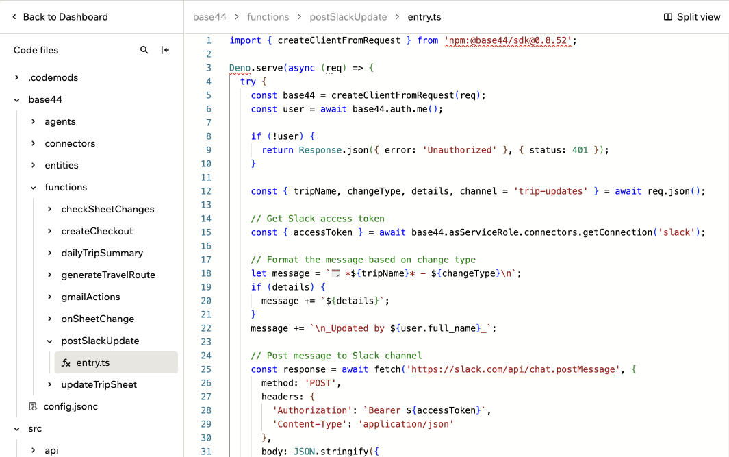 Code-Editor mit einer Backend-Funktion, die über den Connector eine Nachricht an Slack postet.