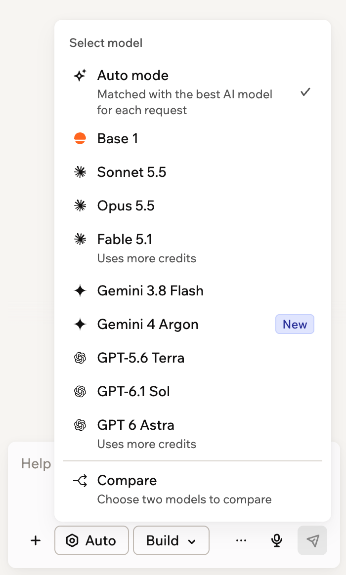 The model list open at the bottom of the AI chat in the app editor, including Gemini 4 Argon
