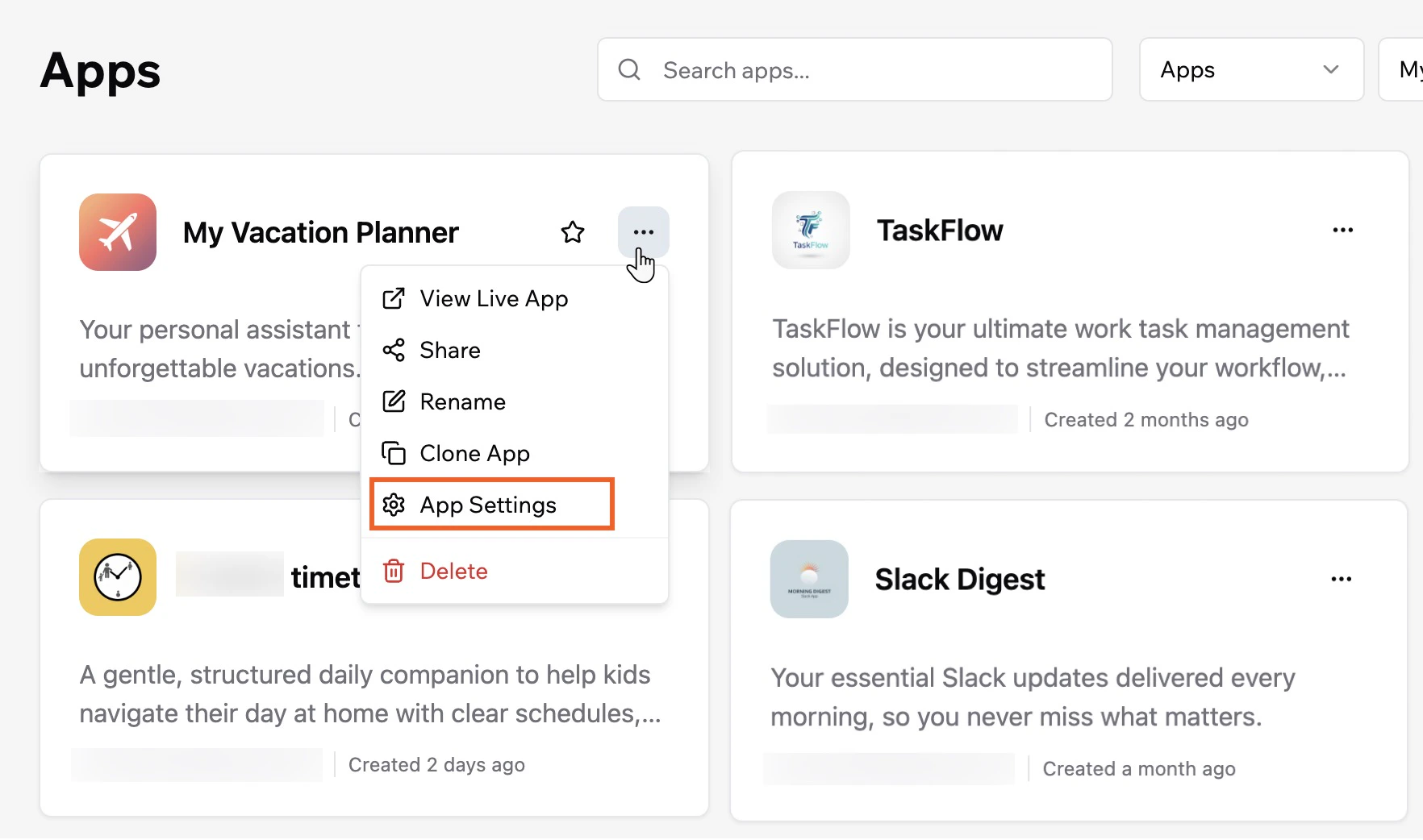 Accessing your app settings directly from the Apps page