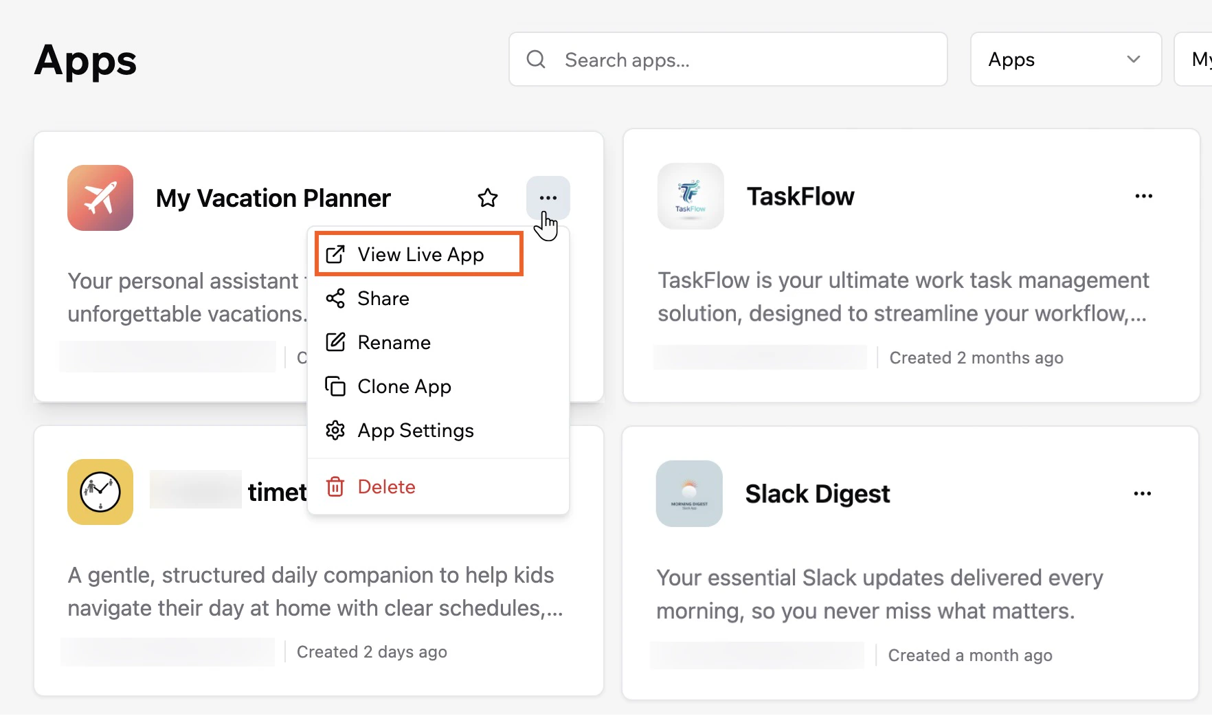 Viewing your live app from your Apps page