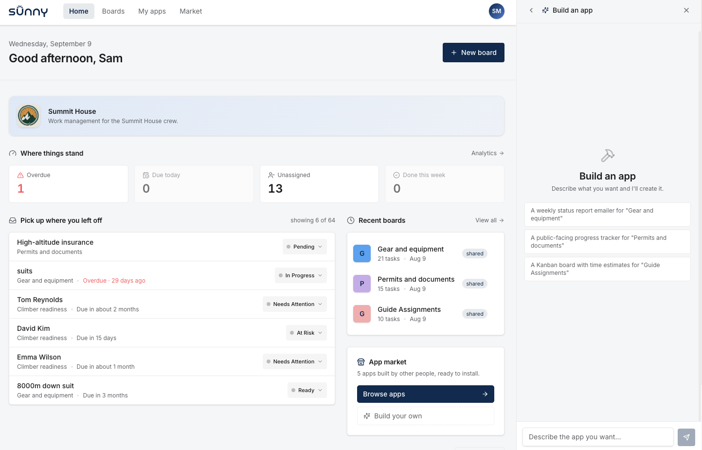 Sunny's dashboard, with the assistant panel open to build a new app