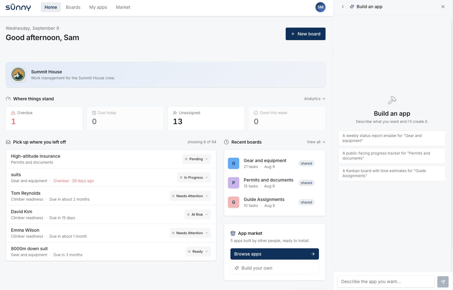 Sunny's dashboard, with the assistant panel open to build a new app