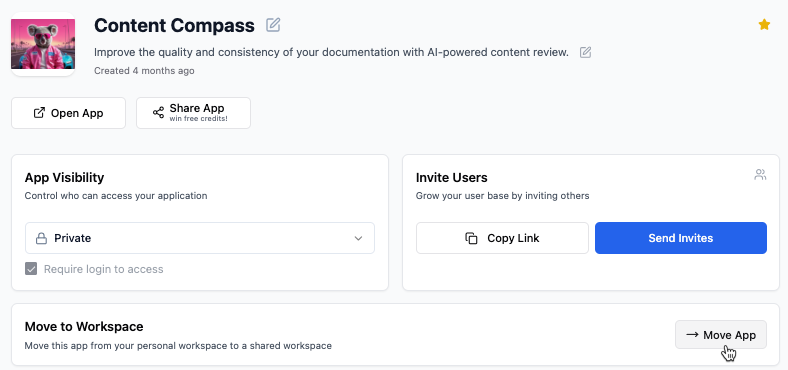 App dashboard showing Move to Workspace section with Move App button