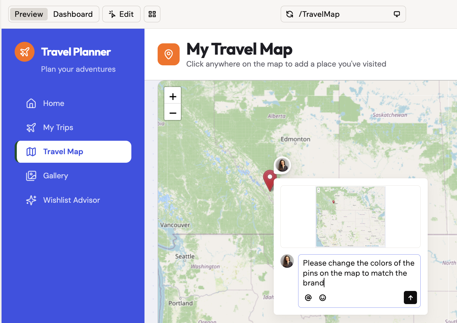 A comment being written on a map pin, with the captured screenshot above the text field