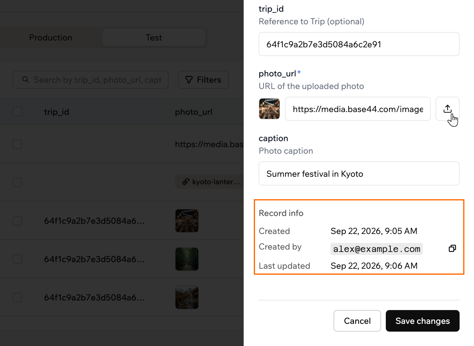 The record edit drawer with an image field's upload button and the Record info block outlined