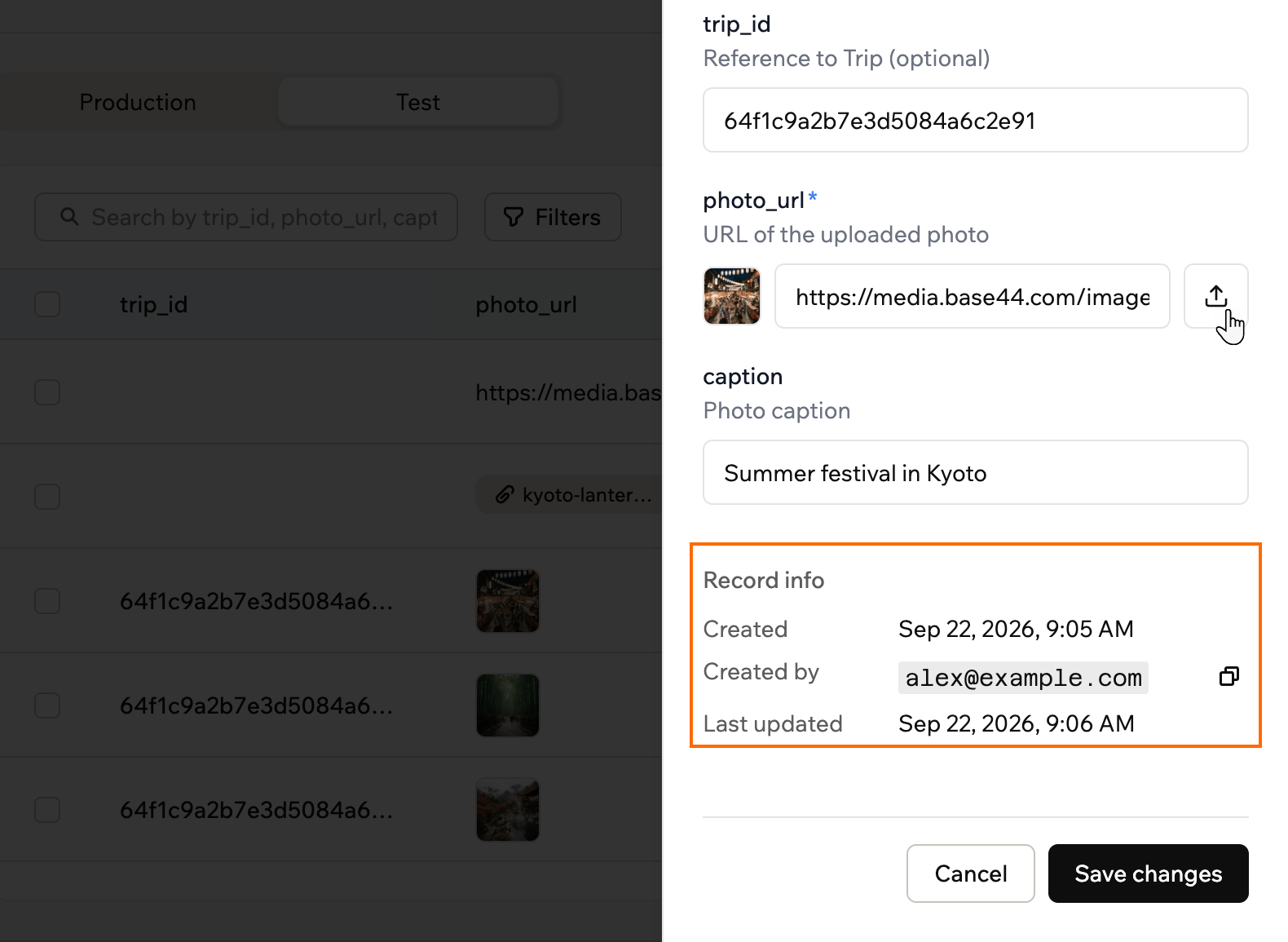 The record edit drawer with an image field's upload button and the Record info block outlined