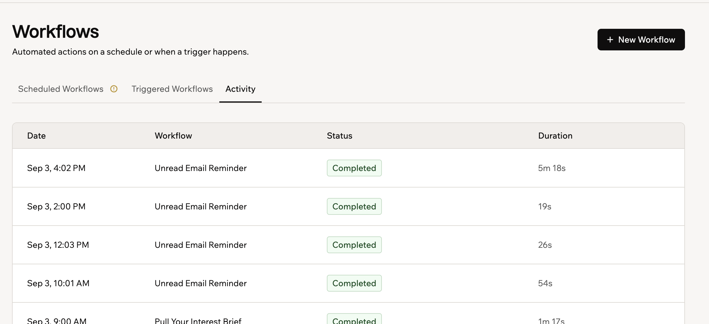 Una captura de pantalla de la pestaña Activity listando ejecuciones de workflows con estado y duración