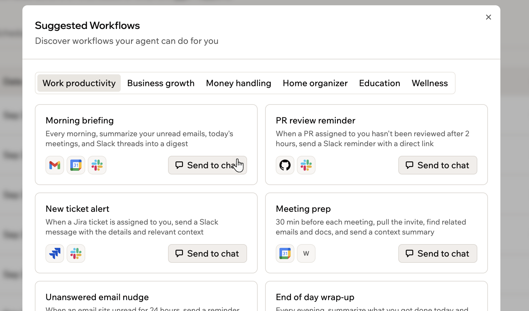 Una captura de pantalla de Suggested Workflows agrupados por categoría con un botón Send to chat en cada uno