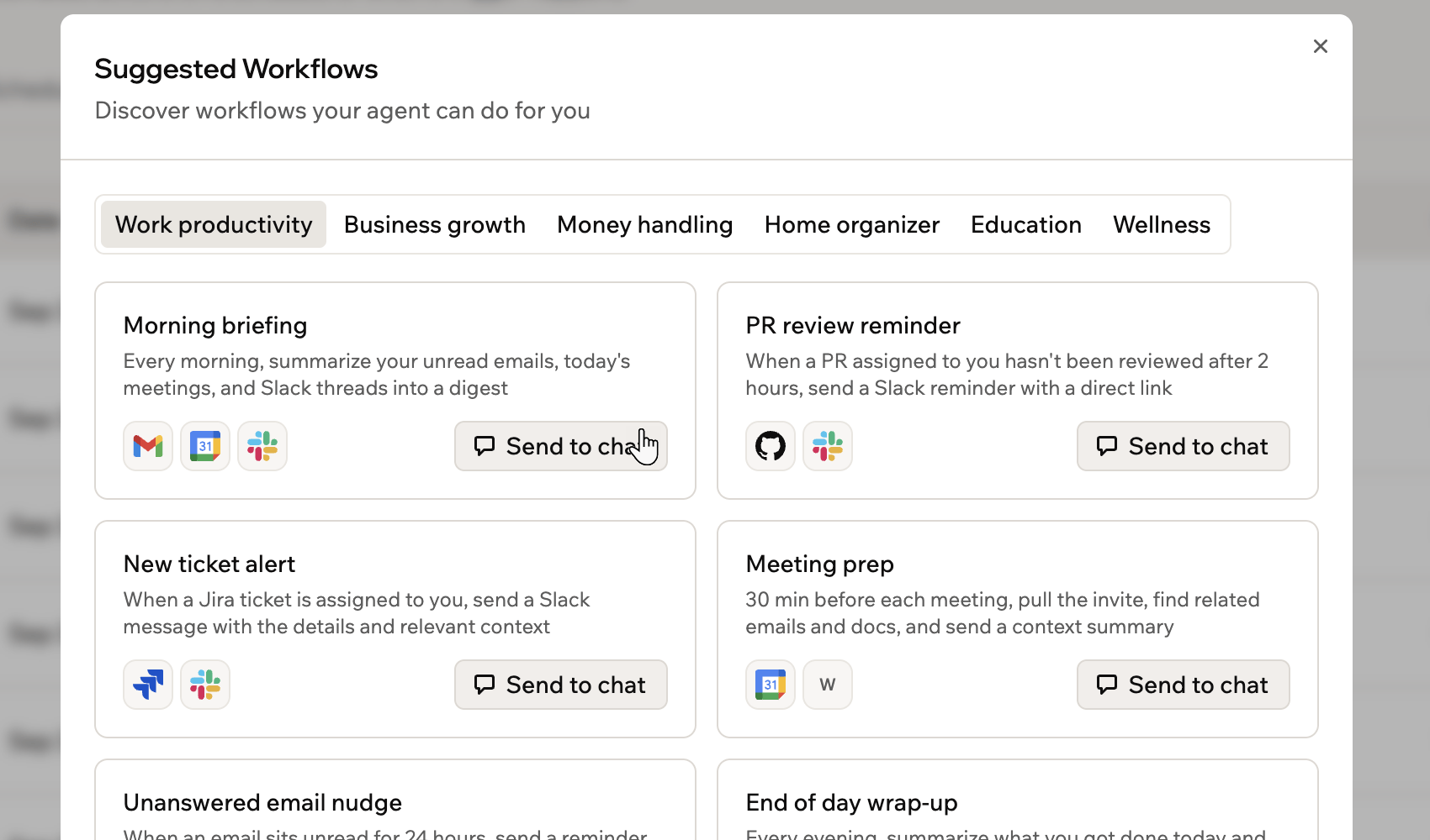 Ein Screenshot der vorgeschlagenen Workflows nach Kategorie, jeweils mit einem Send-to-chat-Button