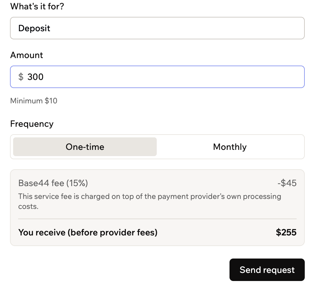Request a payment form showing the amount, frequency, Base44 fee, and payout breakdown