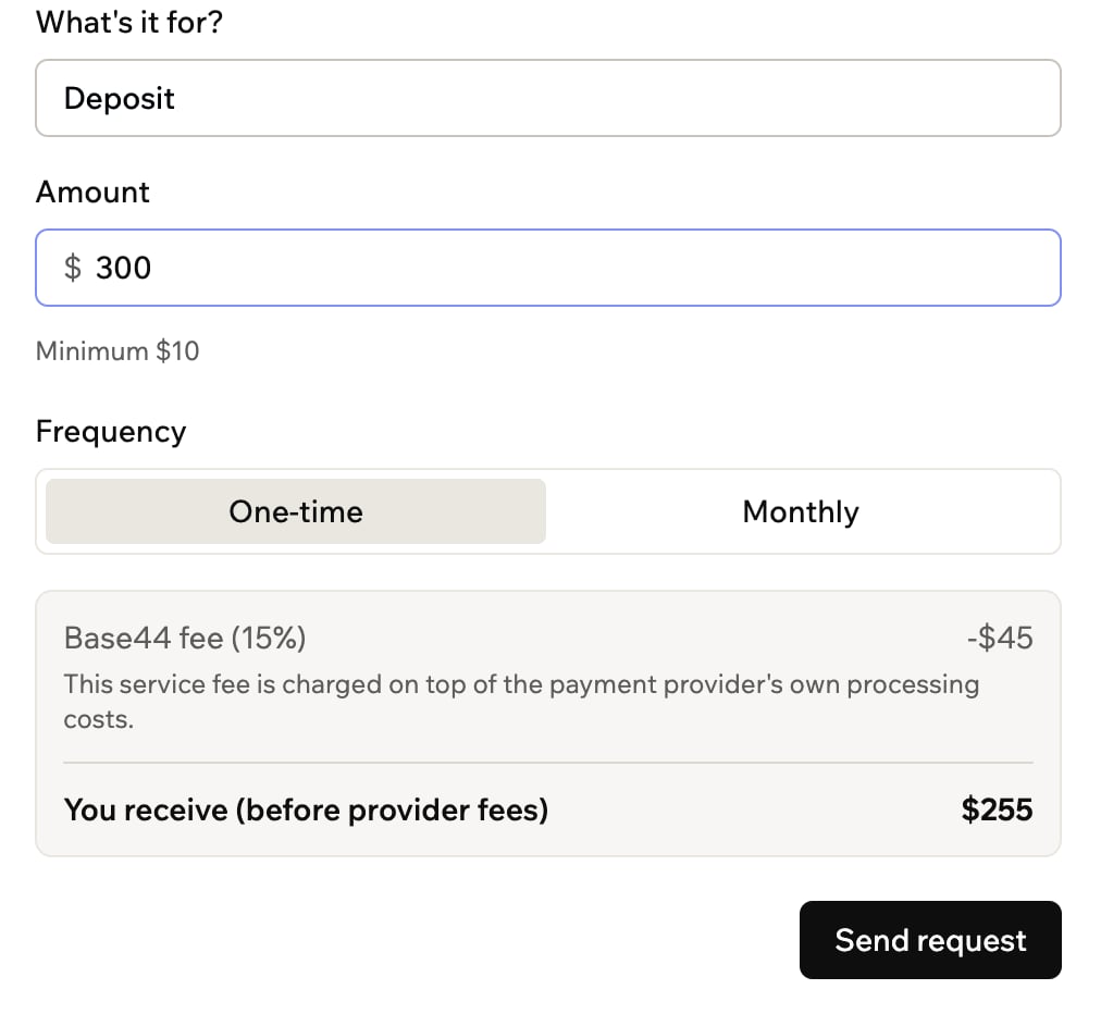 Request a payment form showing the amount, frequency, Base44 fee, and payout breakdown