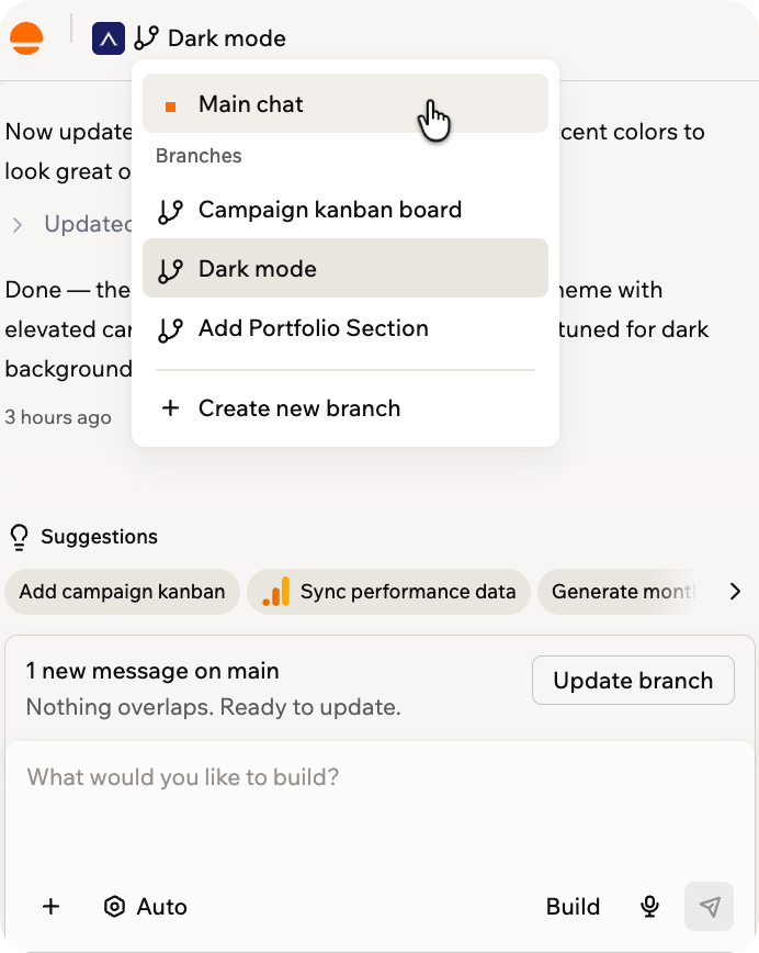 The branch menu open on a branch, showing Main chat above the list of branches