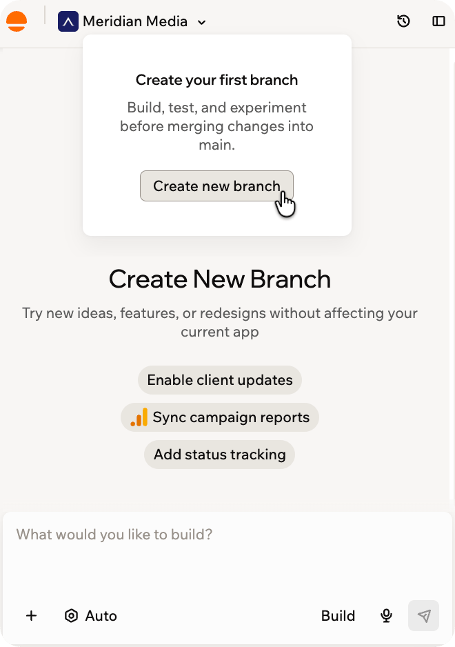 The branch menu open under the app name, with the Create new branch button and the Create New Branch panel below it