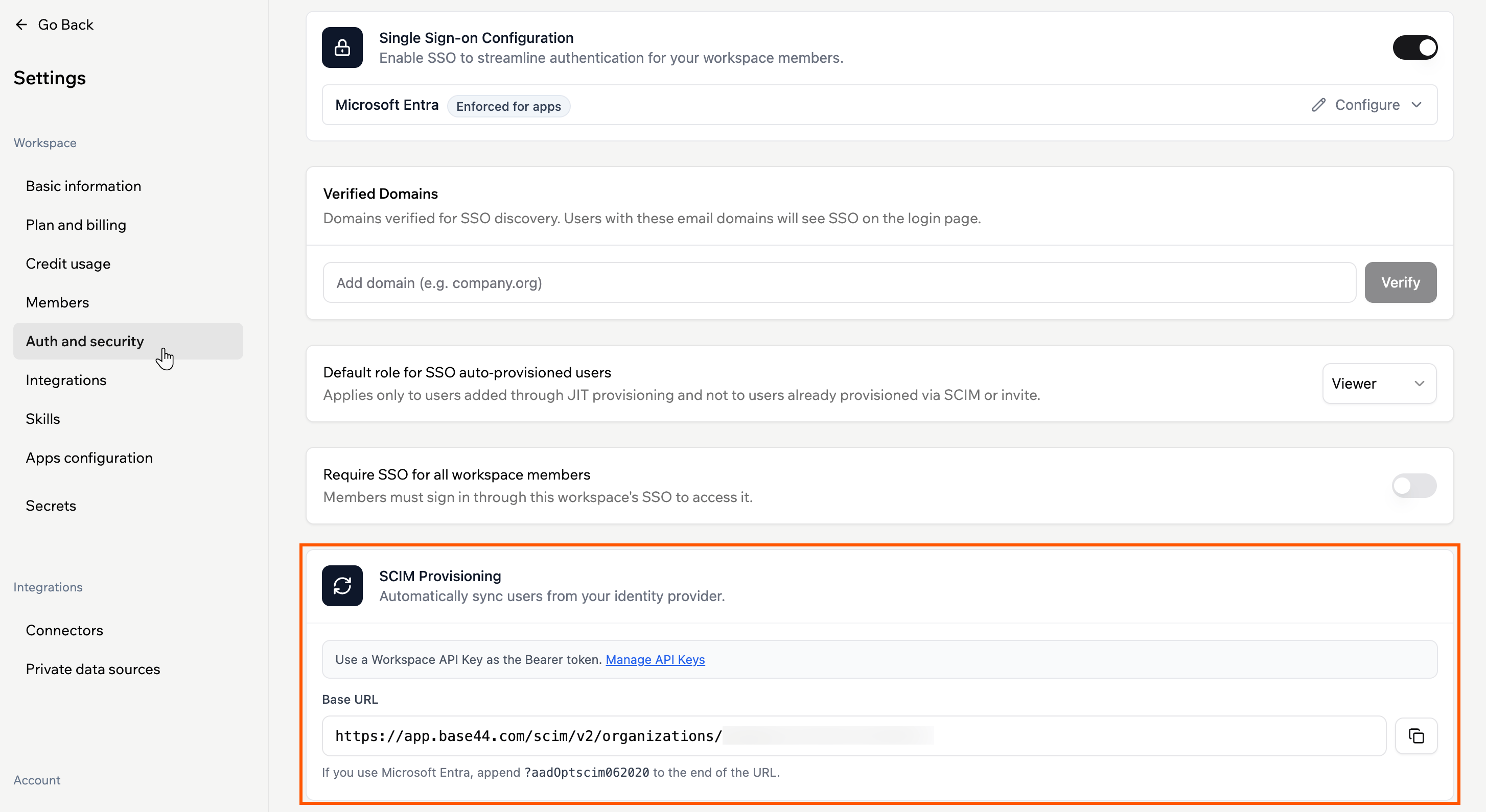 Base44 Auth and security settings, with the SCIM Provisioning Base URL highlighted
