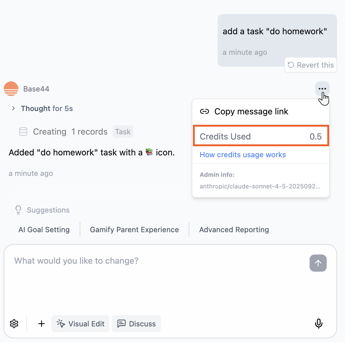 Viewing how many credits were used in a message in the AI chat Viewing how many credits were used in a message in the AI chat
