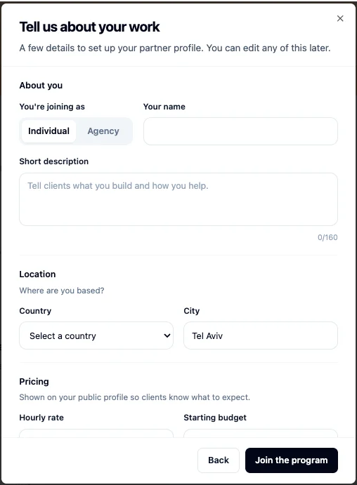 Partner profile setup form with fields for partner type, name, description, location, pricing, services, and languages