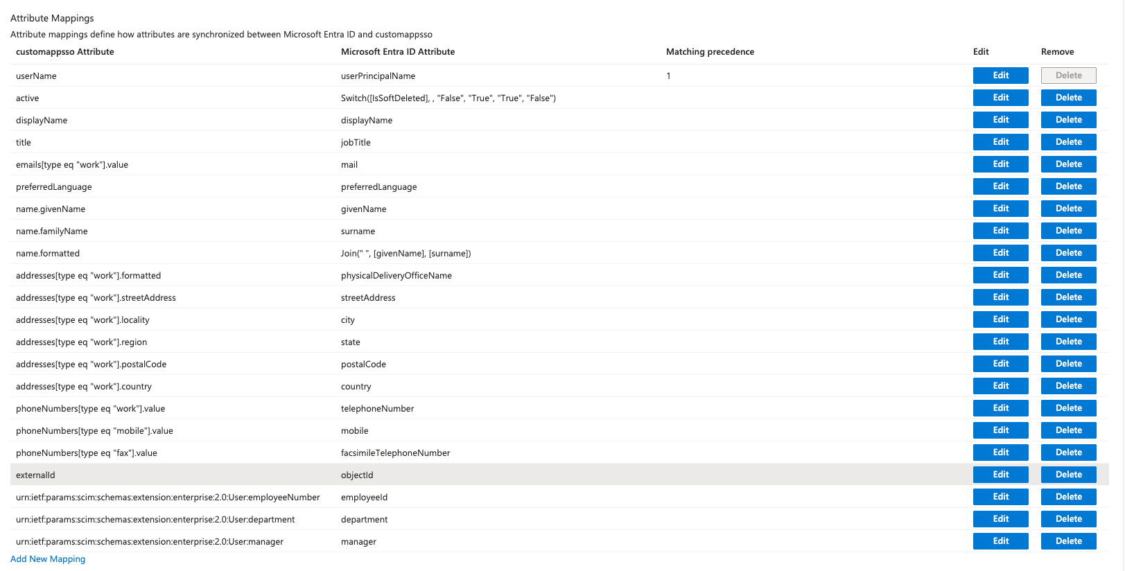 Entra attribute mappings table with externalId mapped to objectId