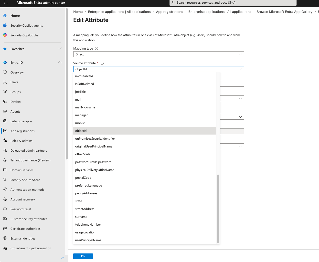 Entra Edit Attribute panel with the source attribute set to objectId