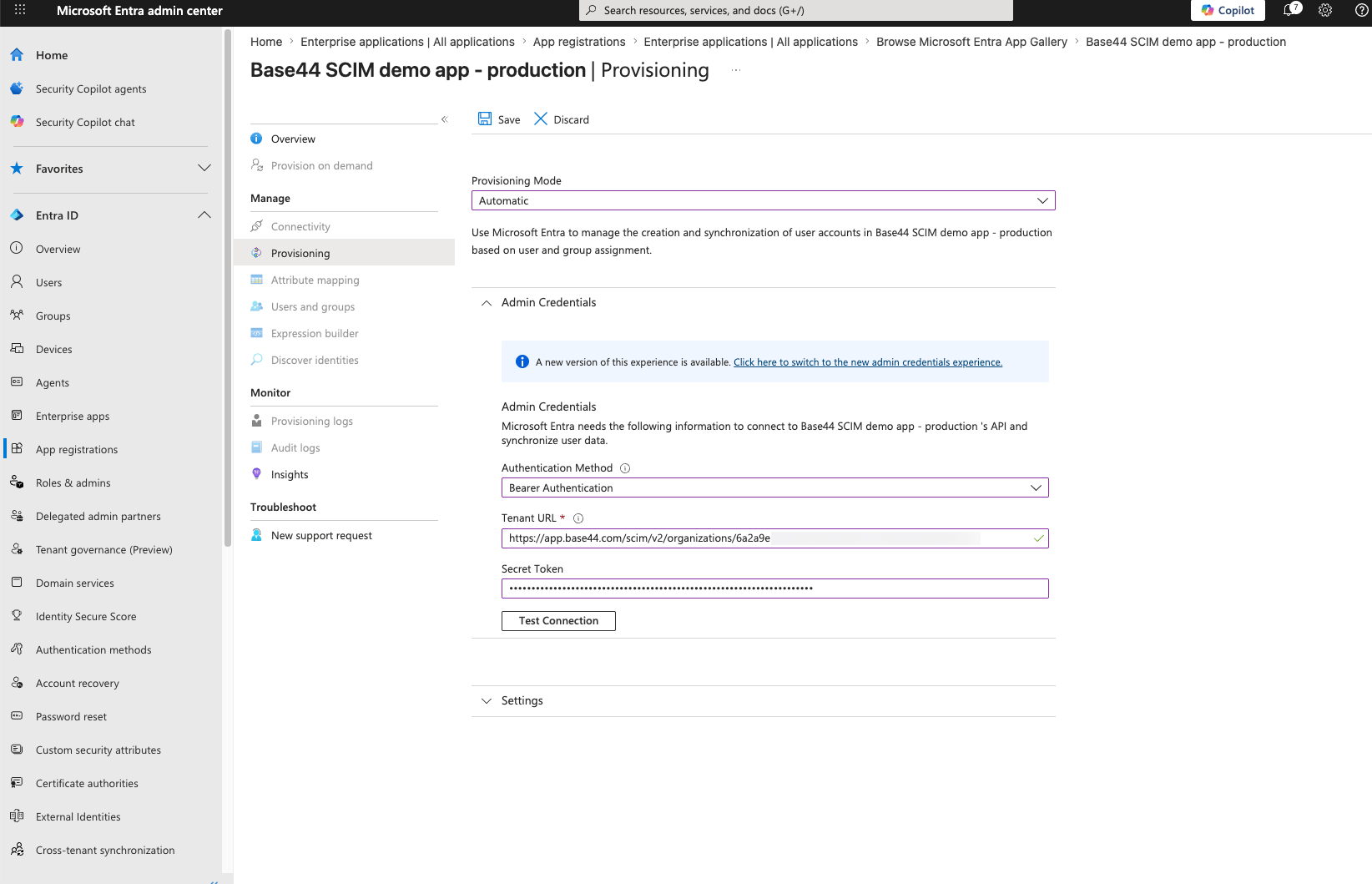 Entra Provisioning admin credentials showing Provisioning Mode, Tenant URL, and Secret Token