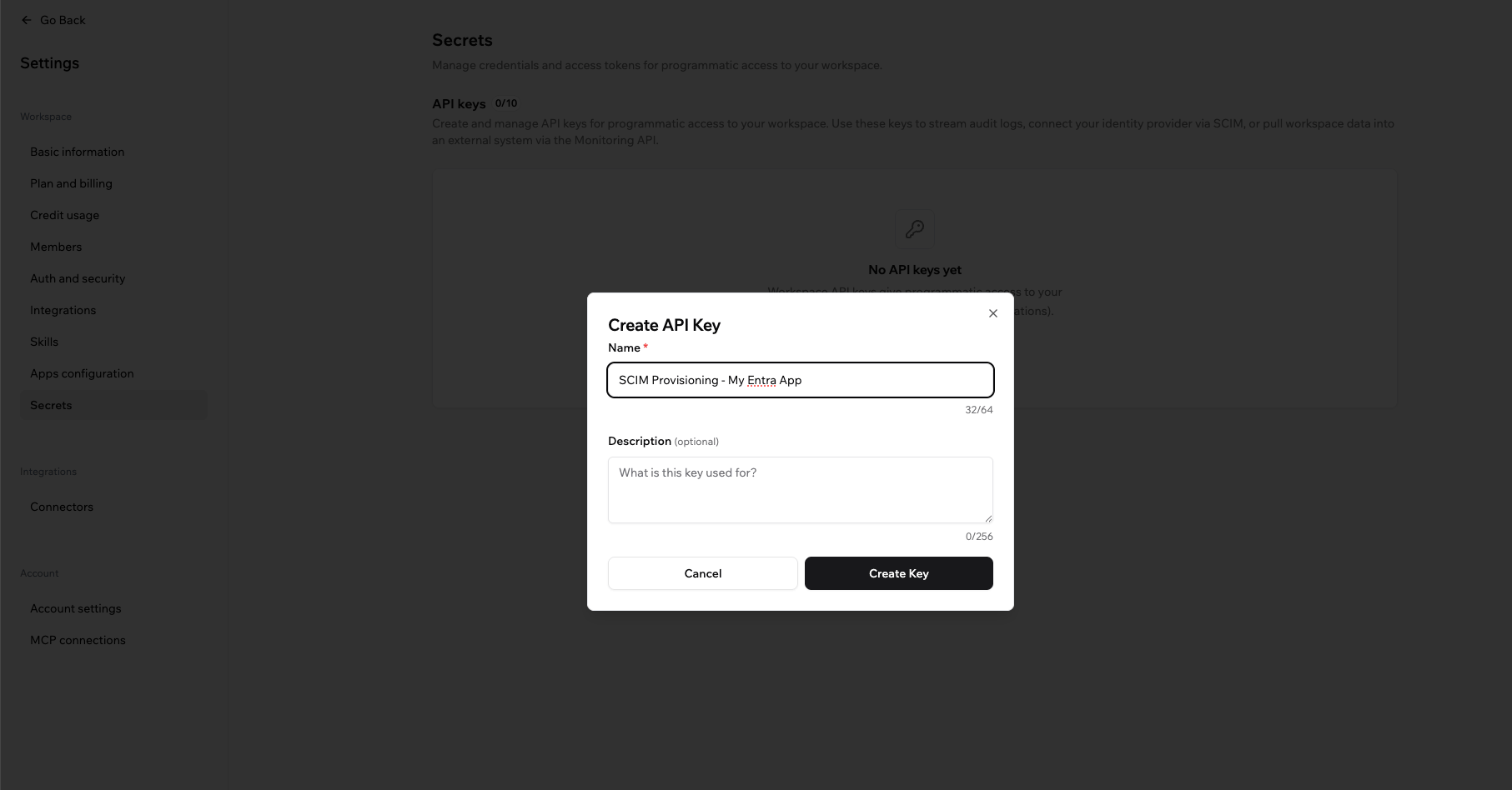 Base44 Create API Key dialog with a name entered