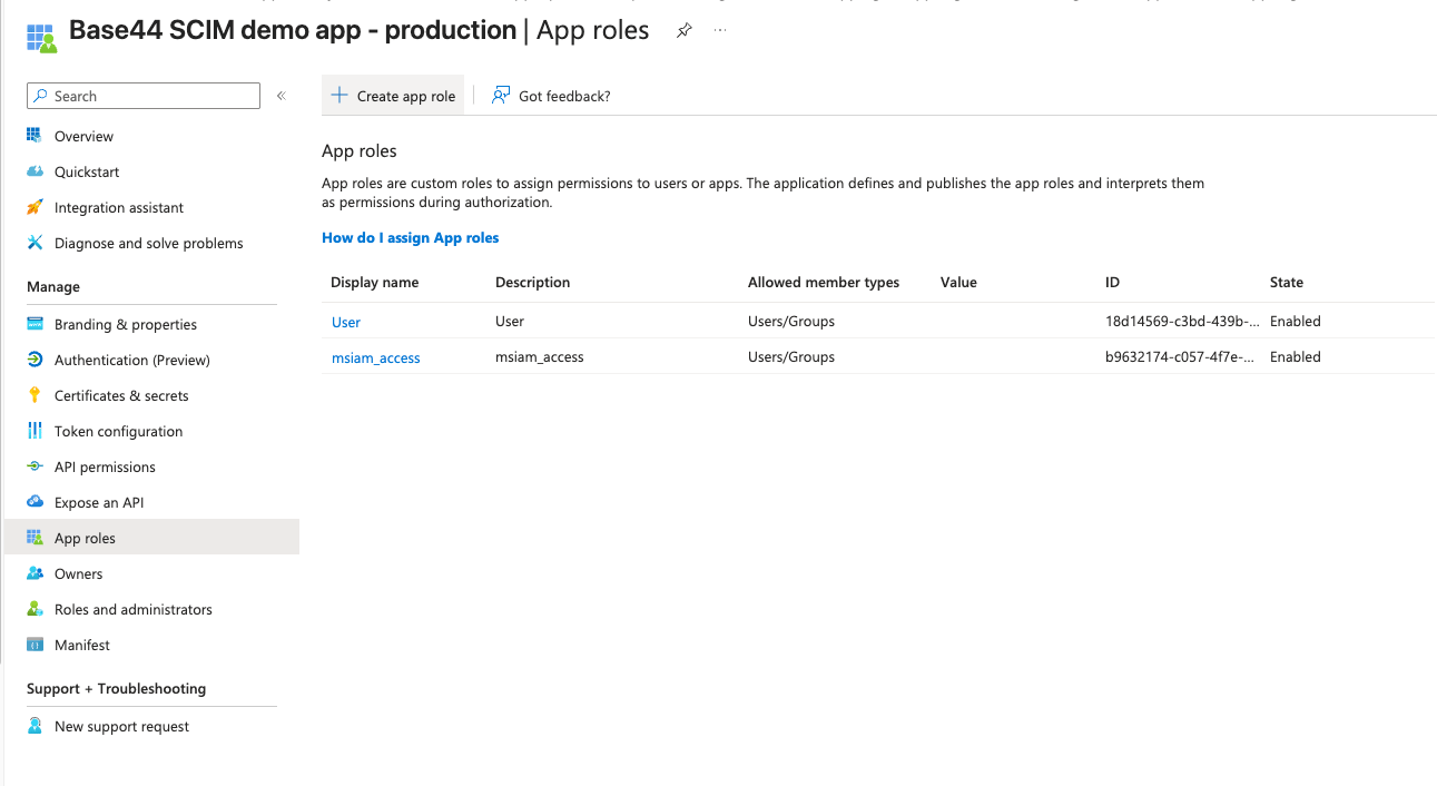 Entra App roles list showing the admin, editor, and viewer roles