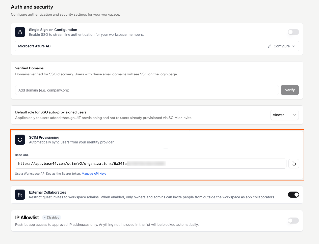 Base44 Auth and security settings, with the SCIM Provisioning Base URL highlighted