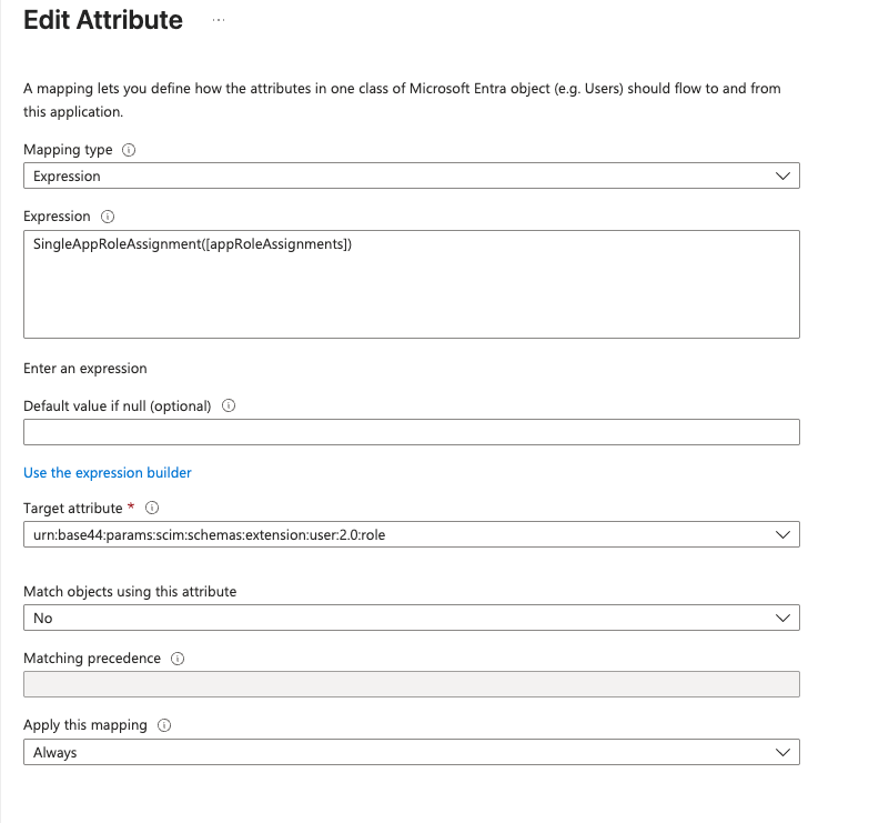 Entra expression mapping for the role field using SingleAppRoleAssignment