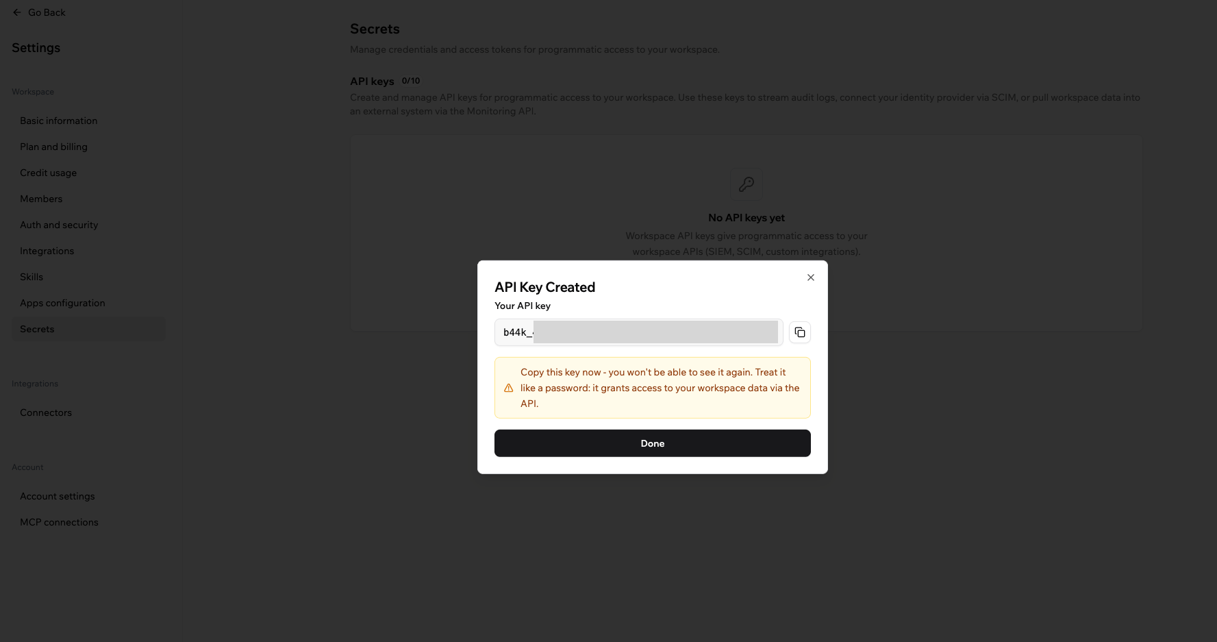 Base44 API Key Created dialog showing the generated key