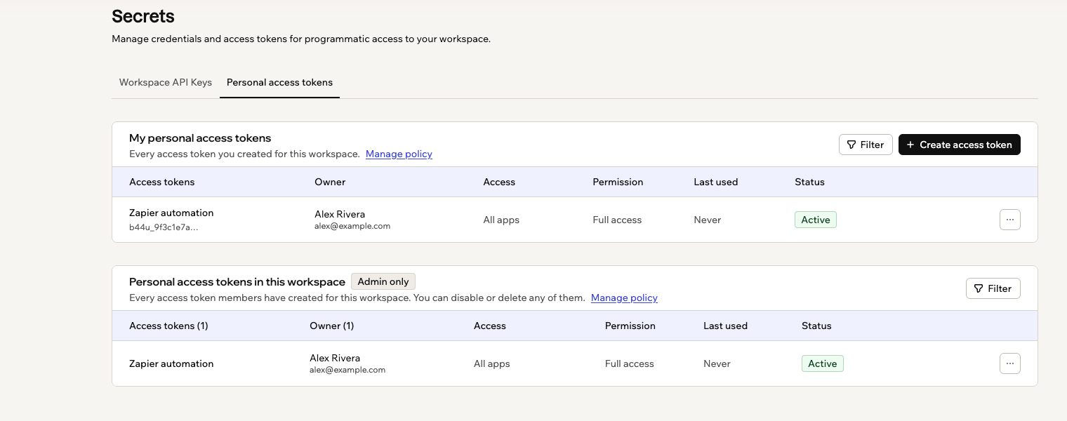 A screenshot of the Personal access tokens tab in Secrets, listing a token in both tables