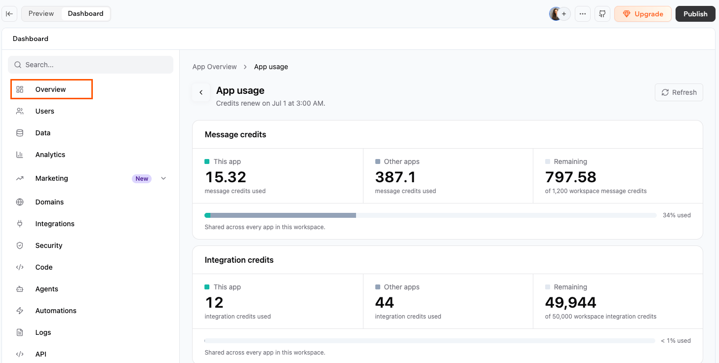 App usage page in Base44