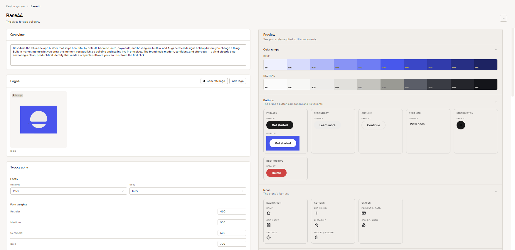A design system, with your brand settings on the left and a live preview on the right