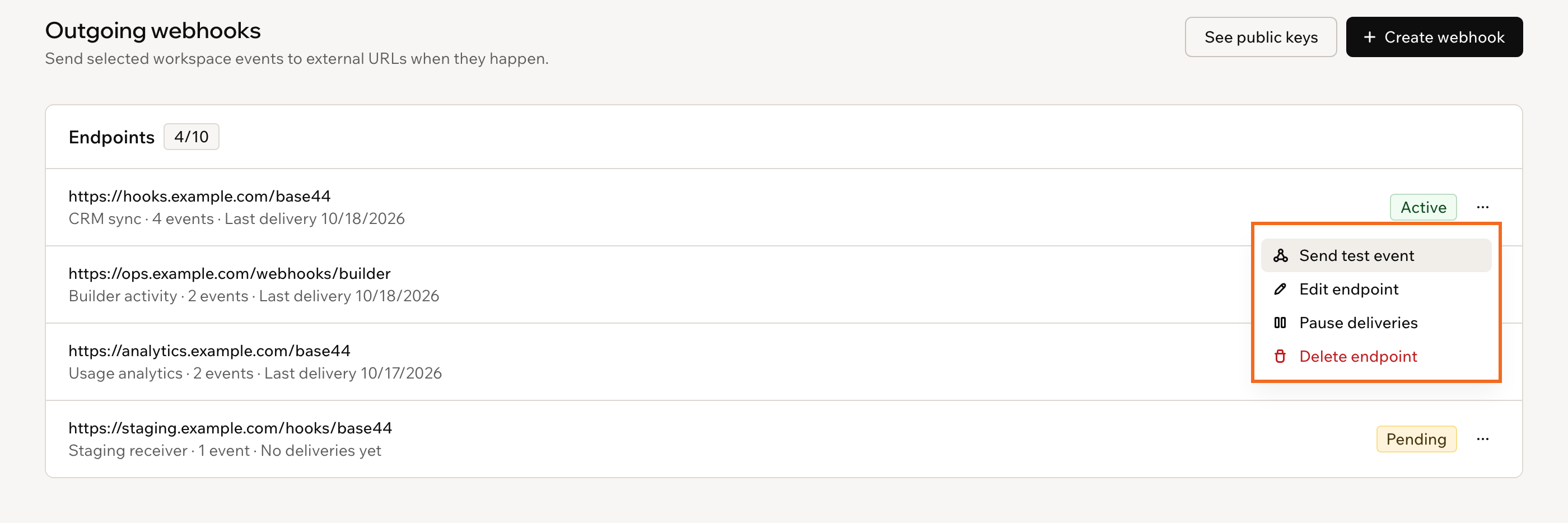 The More actions menu open on an active webhook, with Send test event, Edit endpoint, Pause deliveries and Delete endpoint