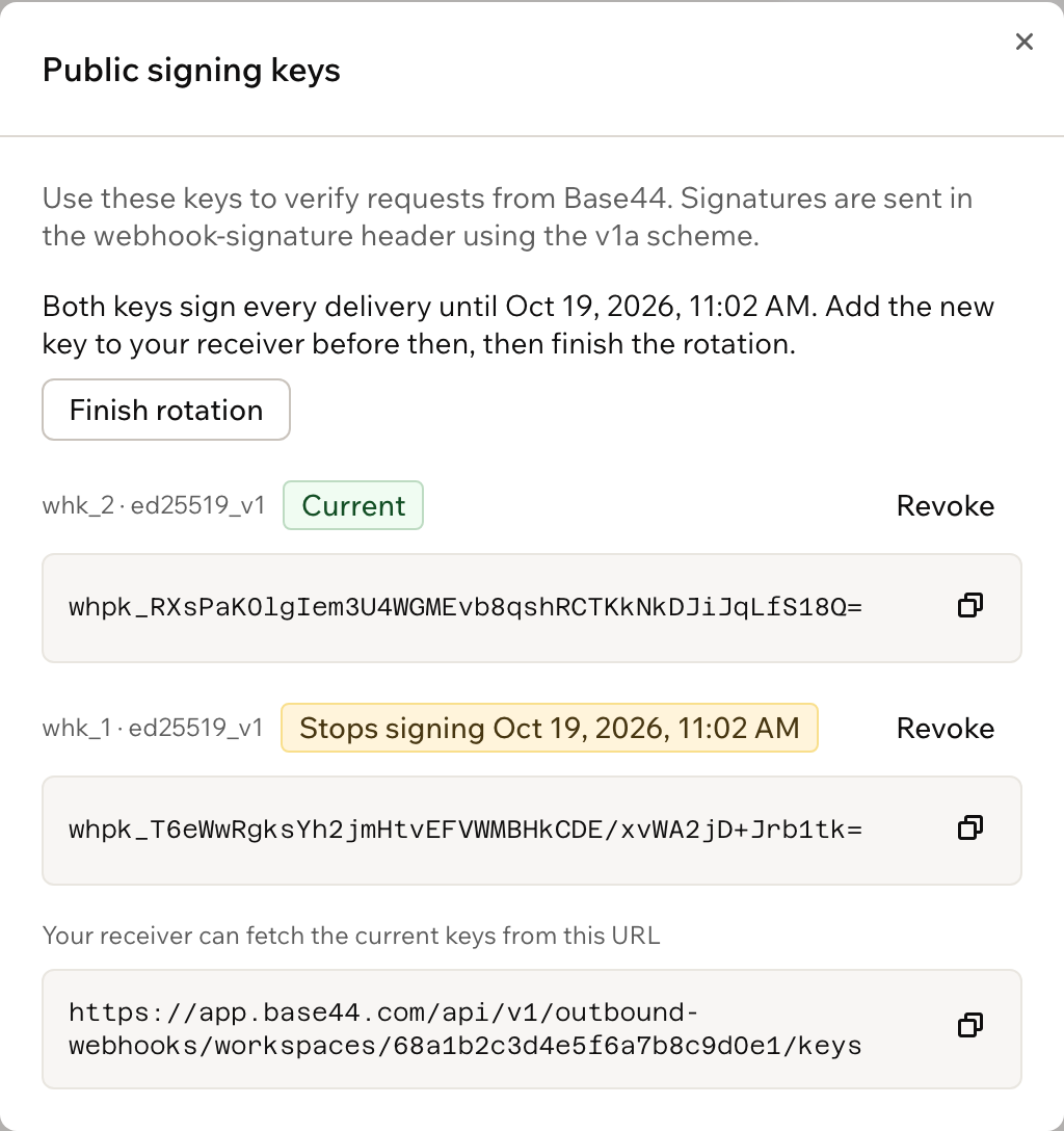 The Public signing keys dialog during a rotation, with the current key, the old key's stop date and Finish rotation