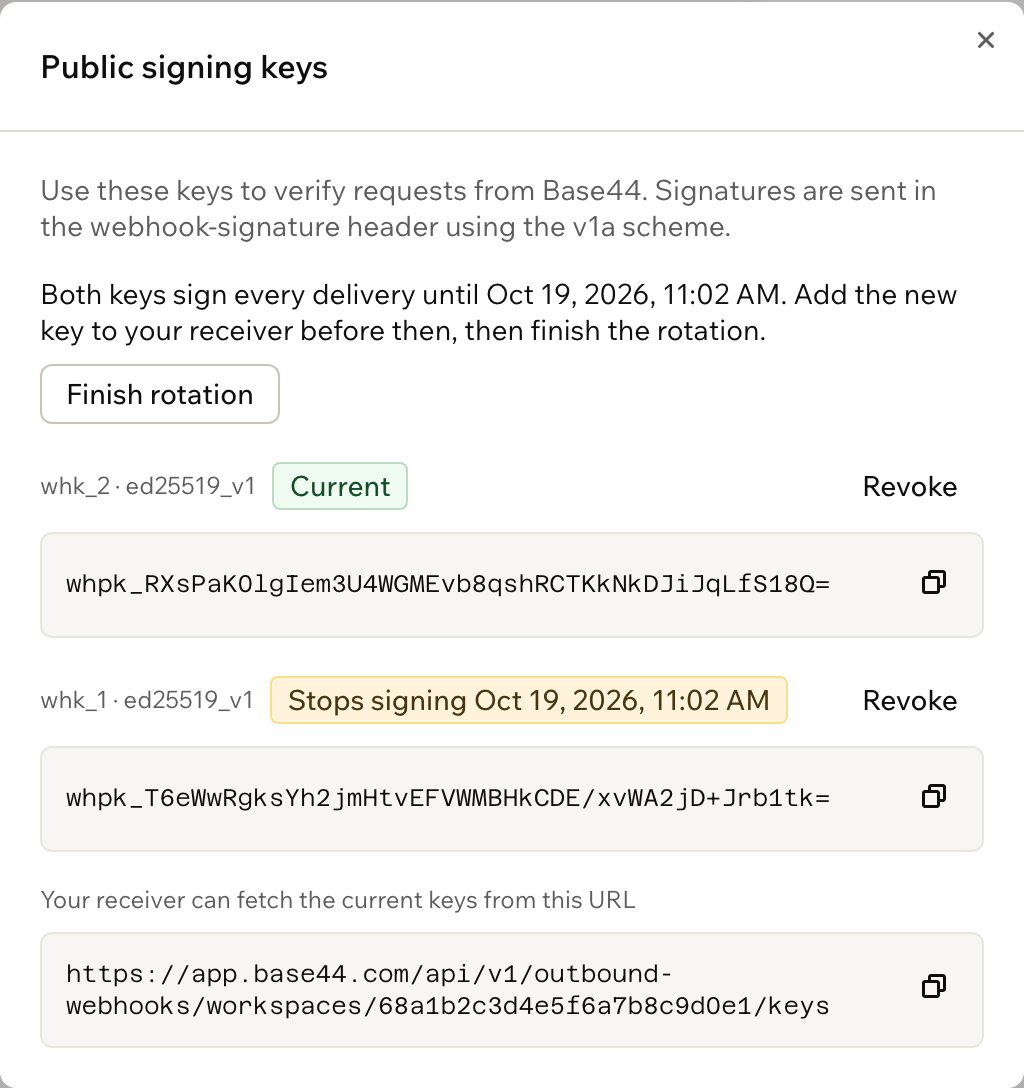 The Public signing keys dialog during a rotation, with the current key, the old key's stop date and Finish rotation