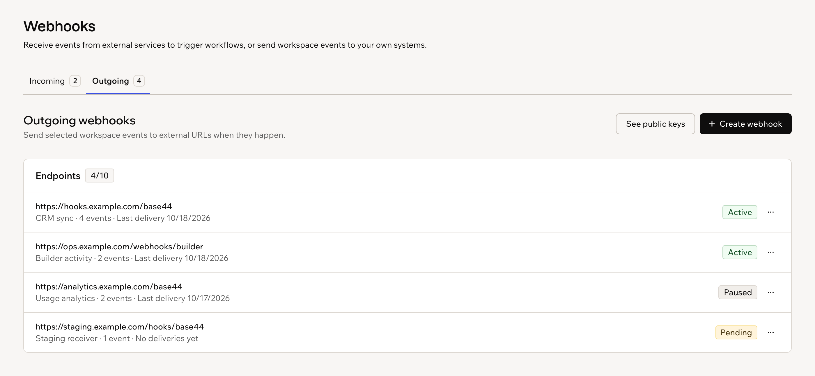 The Outgoing tab listing 4 webhooks: 2 active, 1 paused and 1 pending