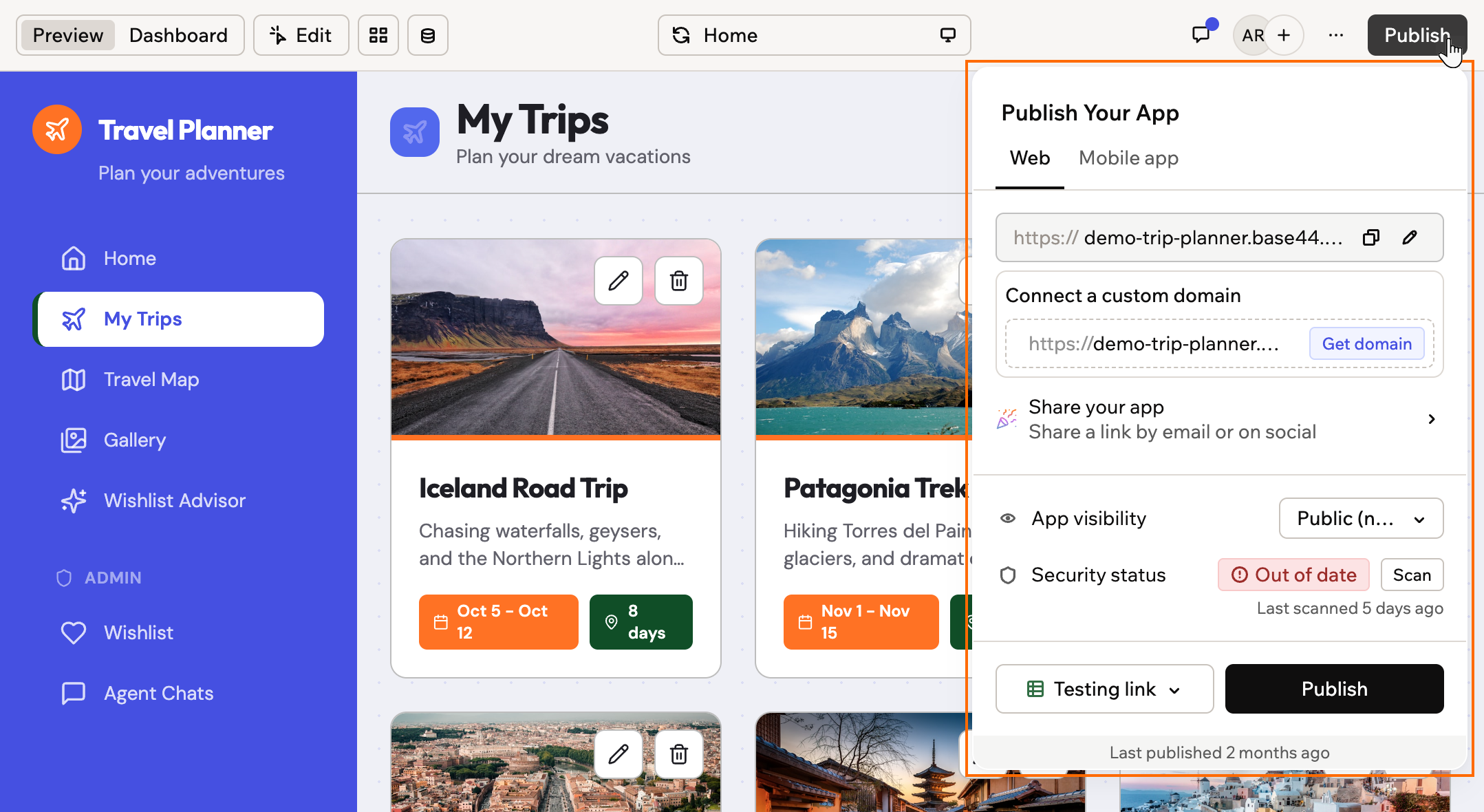 Uno screenshot del pannello Publish your app con indirizzo dell'app, condivisione, visibilità e stato di sicurezza