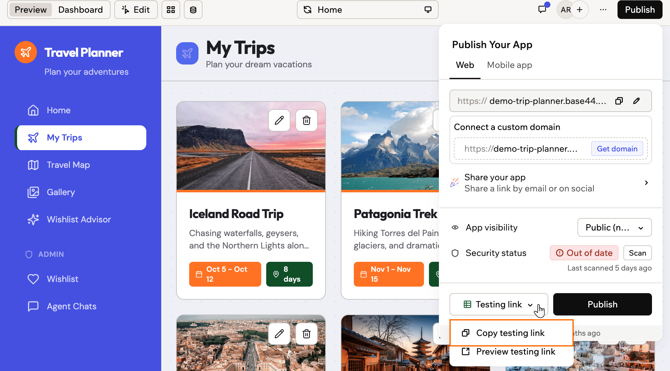 Le panneau de publication avec Copy testing link encadré