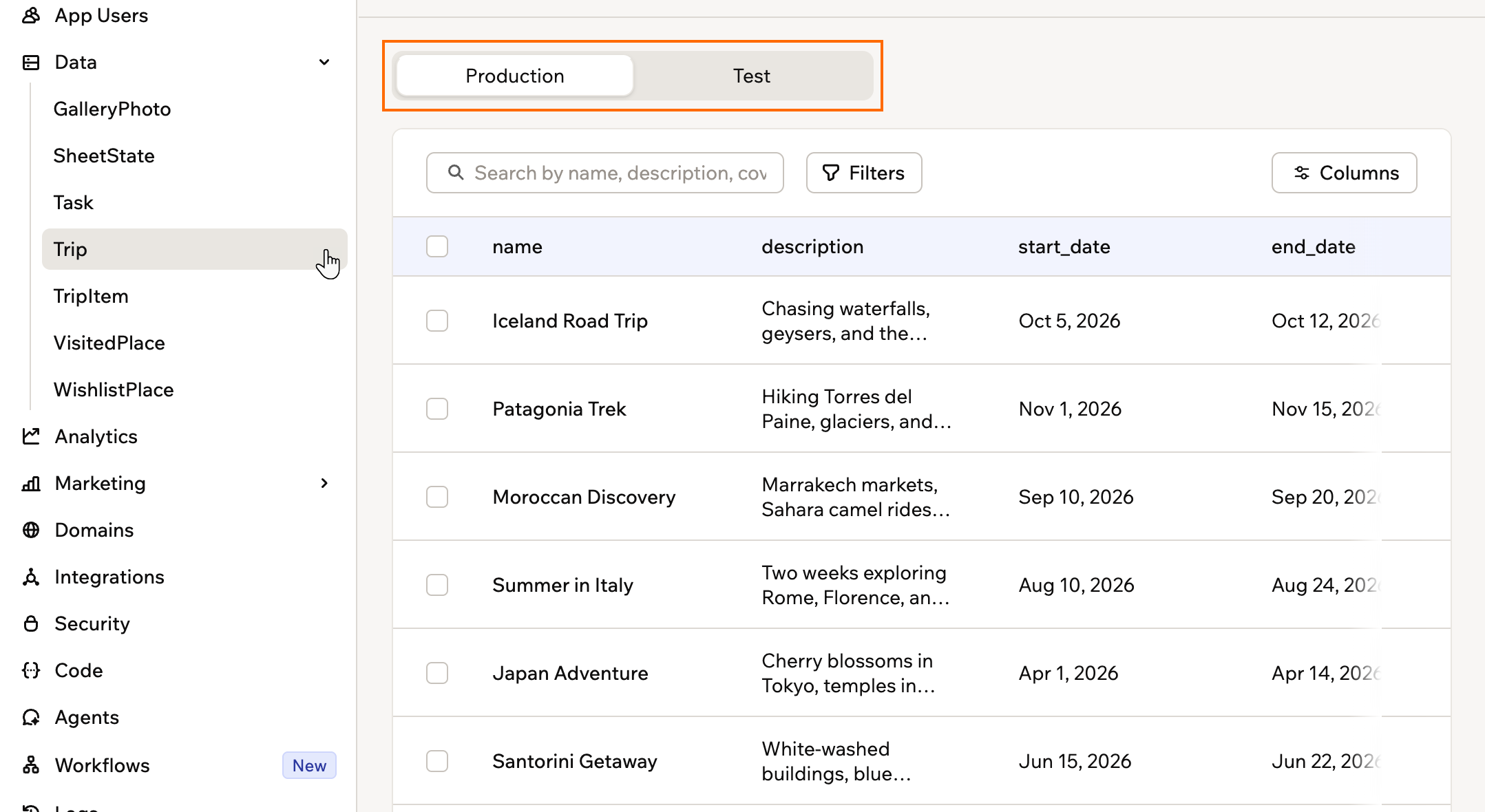Uno screenshot di una tabella dati con il selettore Production e Test evidenziato