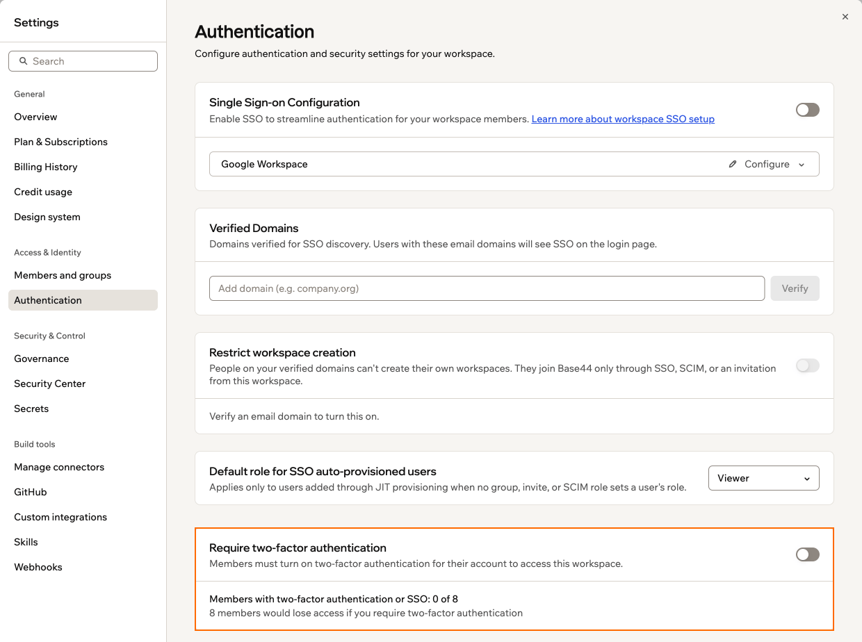 A screenshot of the Authentication settings page with the Require two-factor authentication setting outlined
