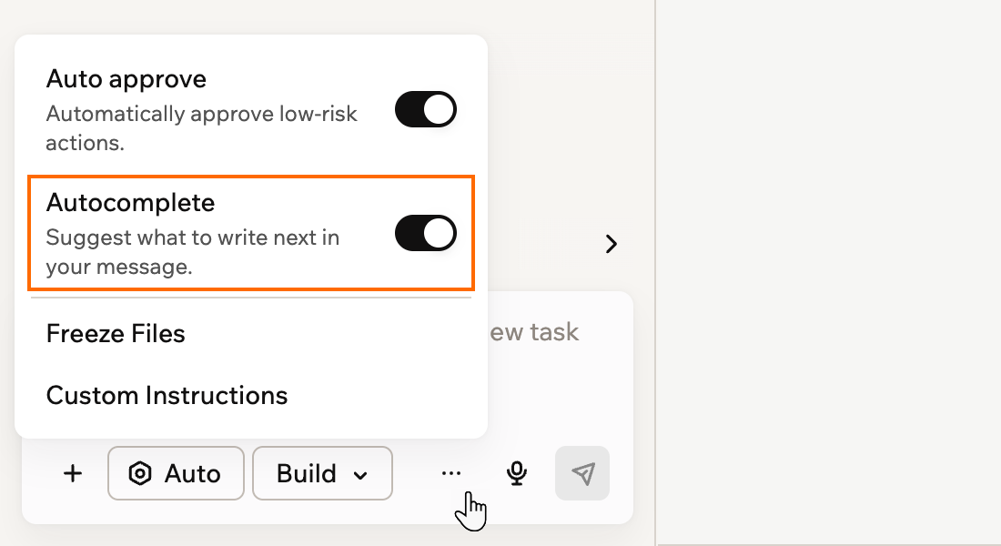 A screenshot of the More options menu in the AI chat with the Autocomplete switch outlined