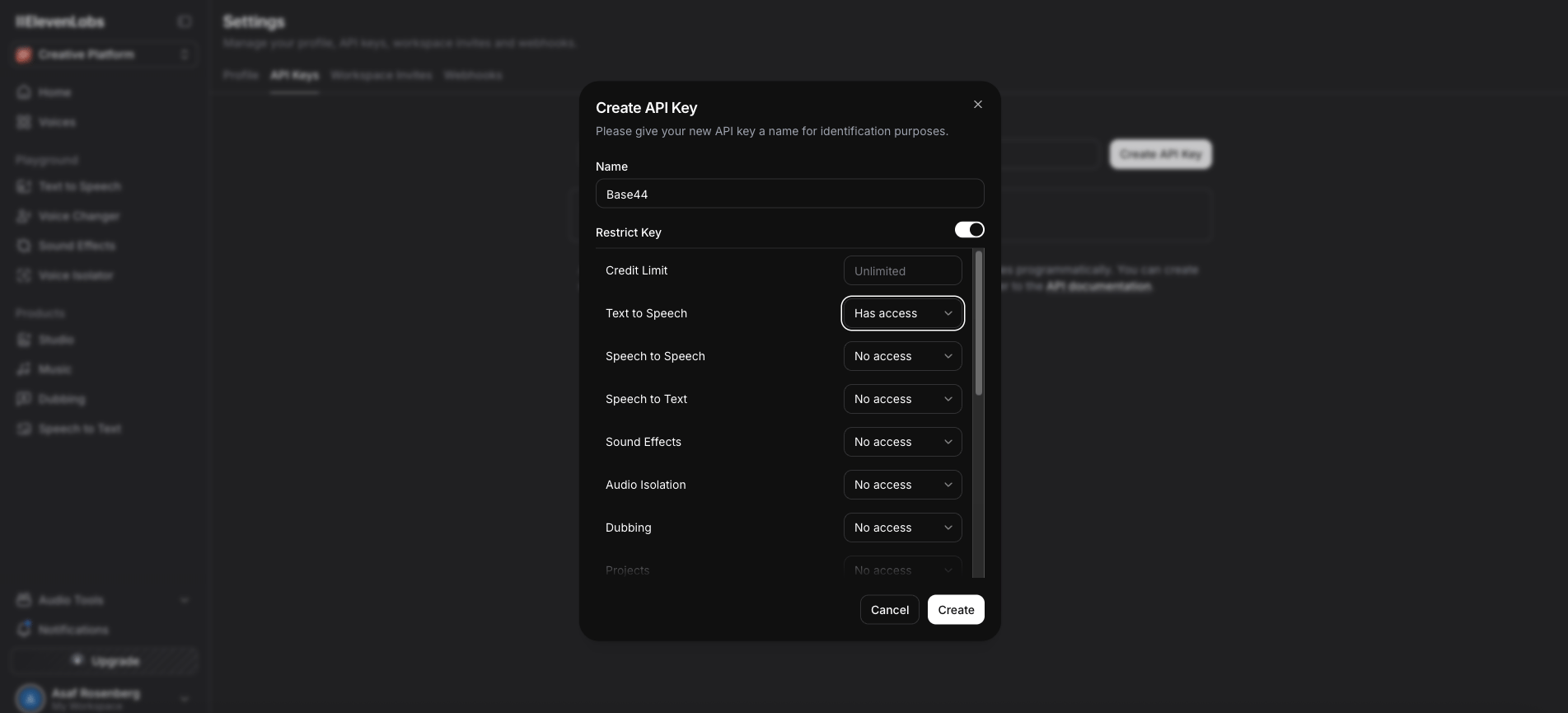 Create API Key dialog with Restrict Key turned on and Text to Speech set to Has access