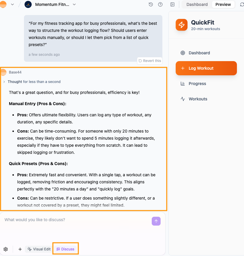 Using Discuss mode in the Base44 AI chat to plan and refine ideas before making changes.