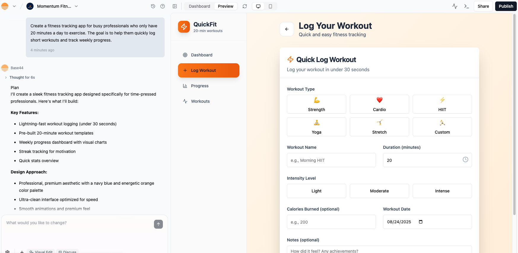 Example of creating a fitness app with the AI chat.