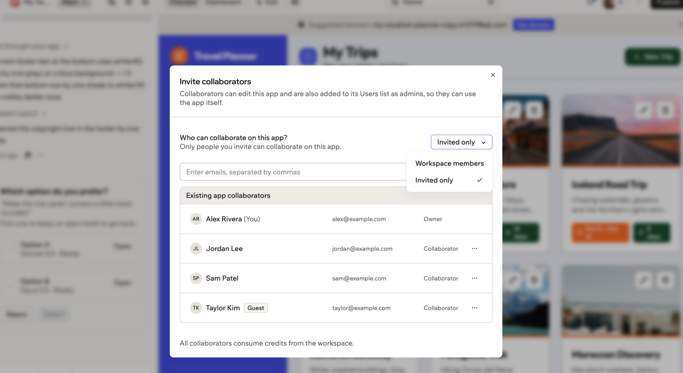 Choosing who can collaborate on your app in Base44