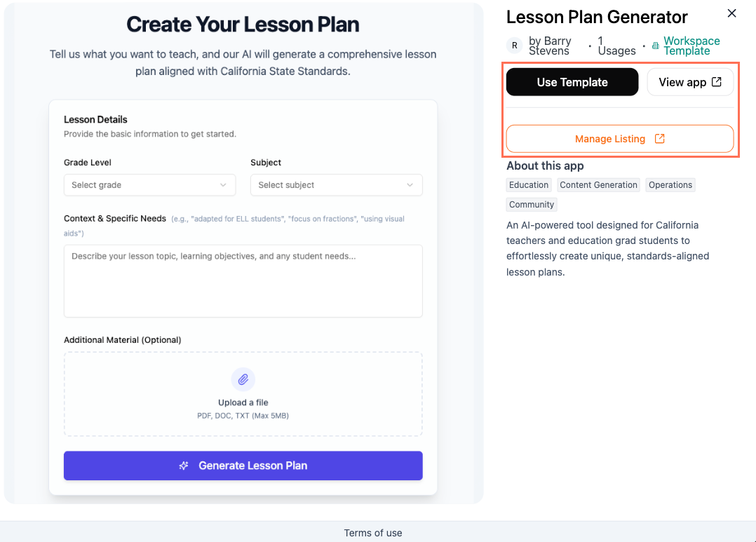 Viewing a template listing.