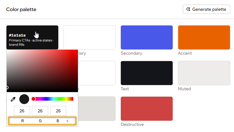 Editing a color in the palette