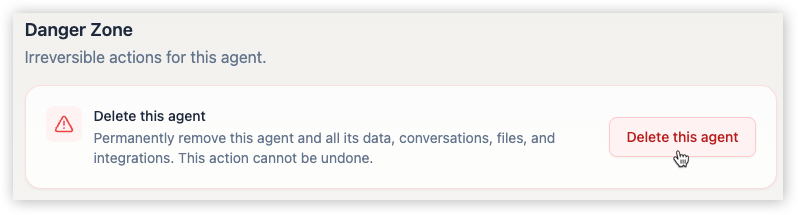The Danger Zone settings with the option to permanently delete the Superagent