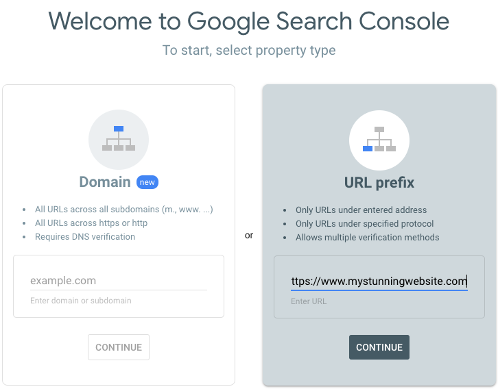 Adding a URL prefix property in Google Search Console Setting up a URL prefix property in Google Search Console