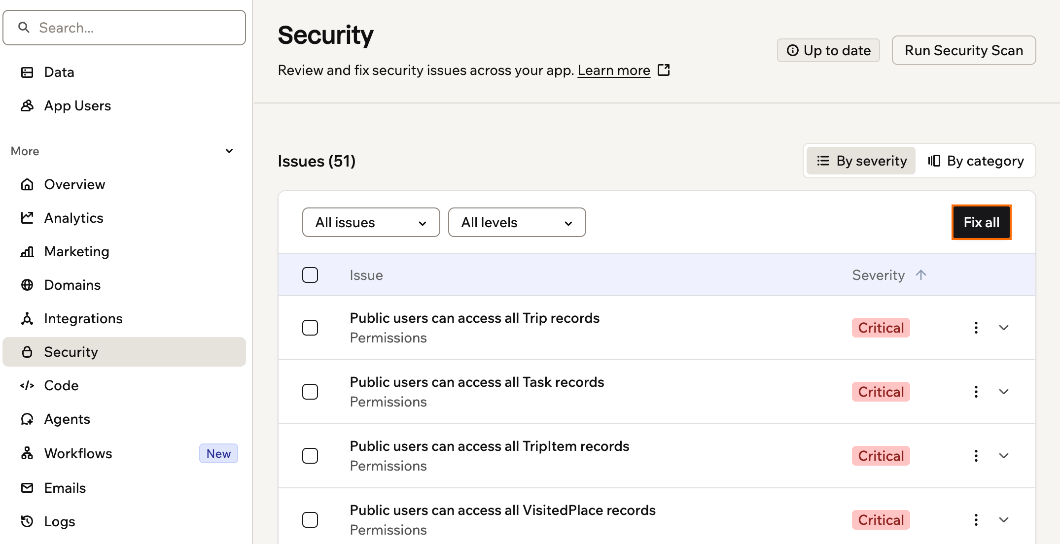 A screenshot of the Security page listing issues by severity, with the Fix all button at the top of the list outlined