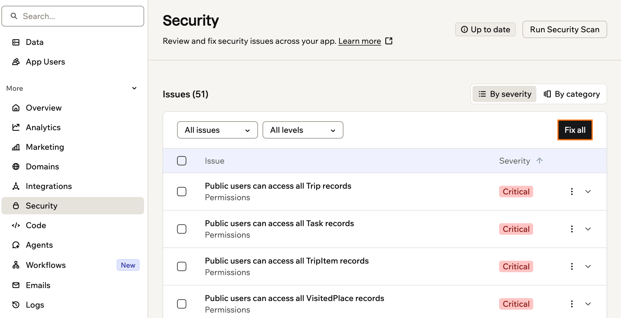 A screenshot of the Security page listing issues by severity, with the Fix all button at the top of the list outlined